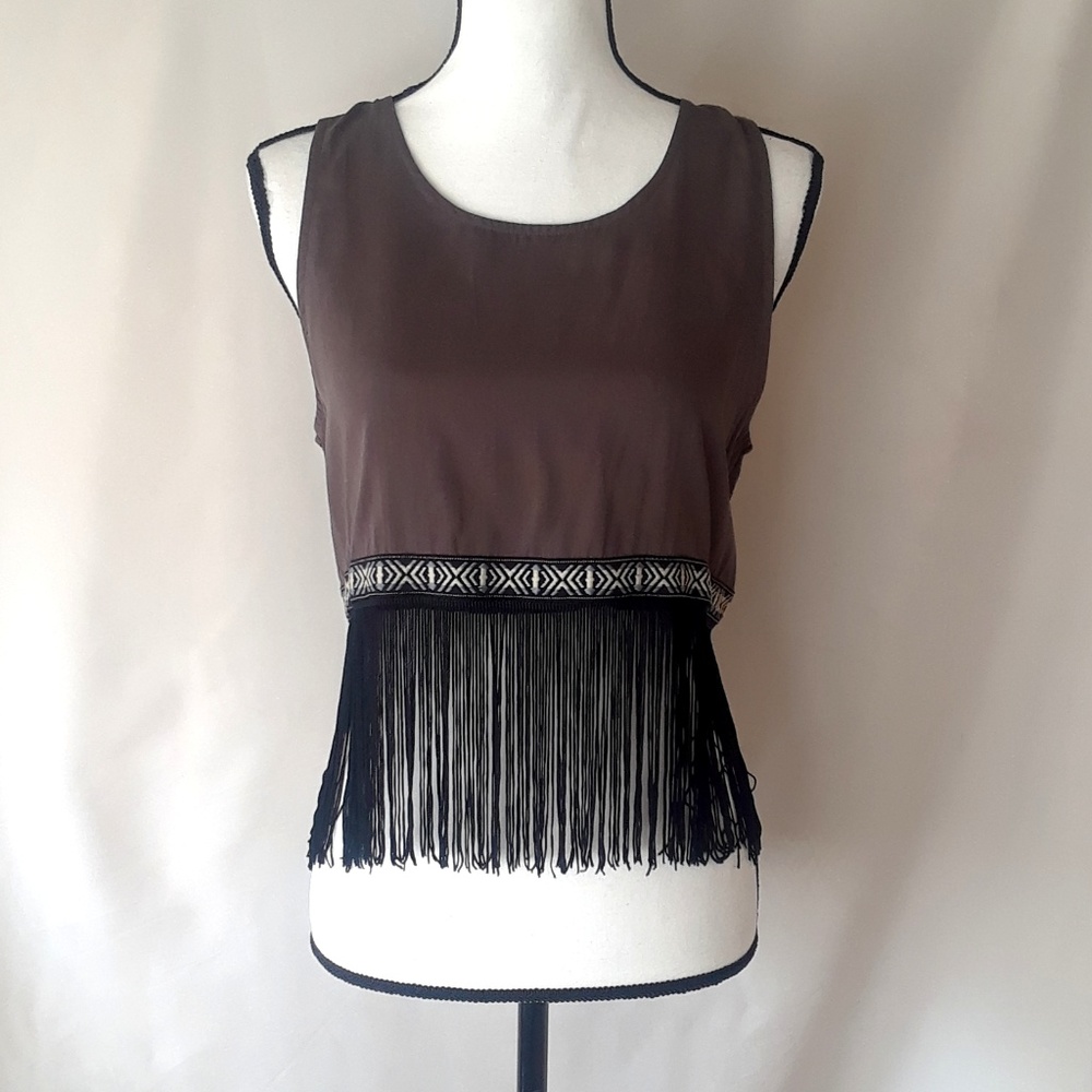 Brown Boho Fringe Hem Sleeveless Crop Top